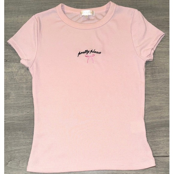 Riley James Ribbed T-Shirt Pretty Please Pink Bow Embroidered Top Short Sleeve S - Picture 2 of 6